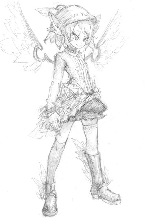 binayu, mystia lorelei, touhou, 1girl, animal ears, female focus, full body, greyscale, hat, monochrome, short hair, sketch, solo, thighhighs, white background, wings