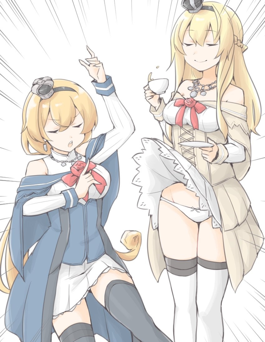 akara kai, valiant (kancolle), warspite (kancolle), kantai collection, 2girls, black hairband, black thighhighs, blonde hair, blue capelet, blue overskirt, braid, breasts, capelet, closed eyes, clothes lift, crown, cup, dress, dress lift, earrings, flower, hair between eyes, hairband, half up braid, jewelry, long hair, long sleeves, looking at viewer, low-tied long hair, mini crown, multiple girls, necklace, off-shoulder dress, off shoulder, open mouth, panties, plate, red flower, red rose, ribbon, rose, simple background, smile, solo, teacup, thighhighs, underwear, white dress, white thighhighs