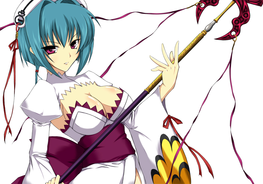 iwamoto eiri, chouun (koihime musou), koihime musou, bad id, bad pixiv id, 00s, 1girl, blue hair, breasts, cleavage, female focus, medium breasts, polearm, purple eyes, ribbon, short hair, solo, spear, weapon