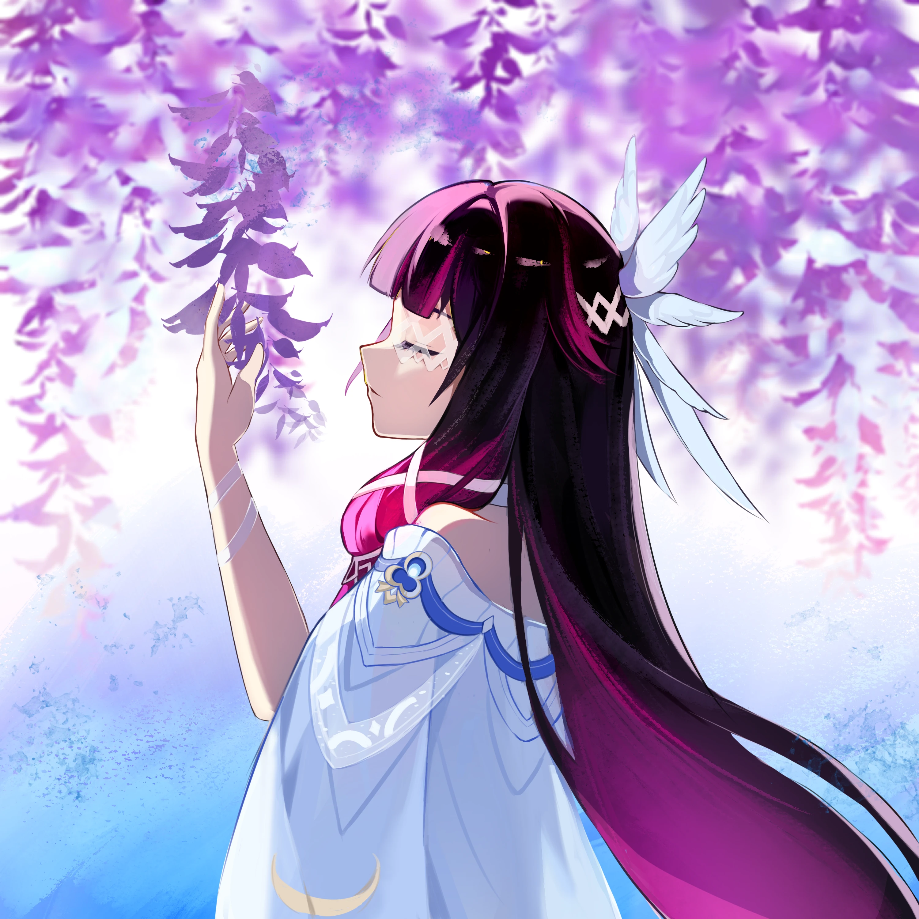 columbina (genshin impact), genshin impact, absurdres, highres, 1girl, black hair, closed eyes, colored inner hair, columbina (nod-krai) (genshin impact), eye mask, fengxiaoxiaoxi yishuihan, flower, from side, hair ornament, long hair, mask, multicolored hair, pink hair, solo, upper body, wisteria