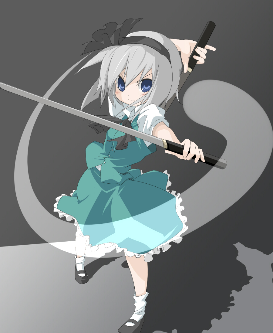 miko machi, konpaku youmu, konpaku youmu (ghost), touhou, silver hair, 1girl, blue eyes, dual wielding, female focus, fighting stance, ghost, hair ribbon, hairband, hitodama, holding, katana, ribbon, solo, sword, tanto, weapon