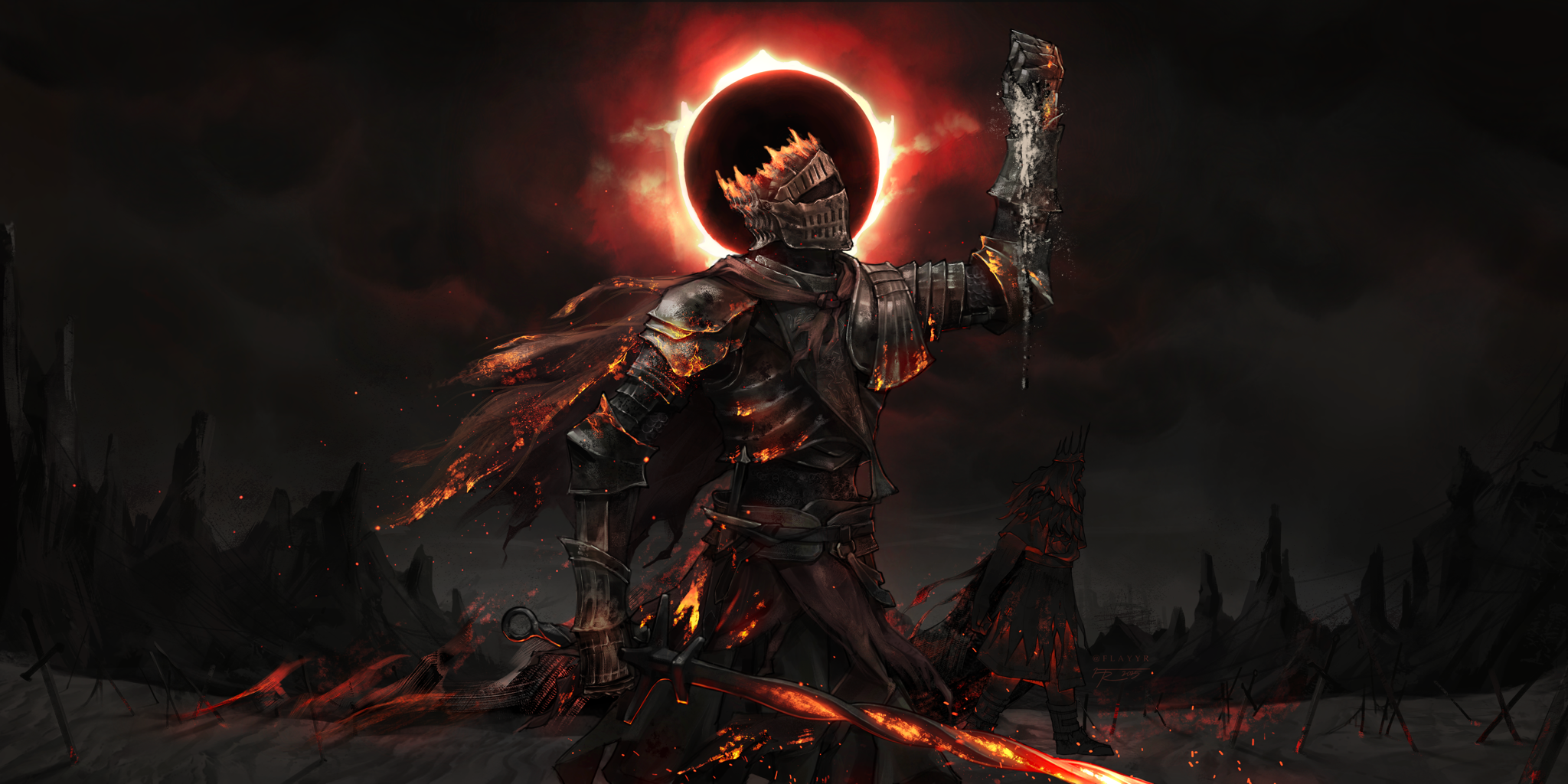 gwyn lord of cinder, soul of cinder, dark souls (series), dark souls i, dark souls iii, highres, 1other, arm up, armor, burning, cape, cloud, cloudy sky, cowboy shot, dark, dark cloud, eclipse, embers, faceless, fence, fire, flayyr, forest, helmet, holding, holding sword, holding weapon, looking to the side, nature, outdoors, sky, solo, sun behind head, sword, weapon, wooden fence