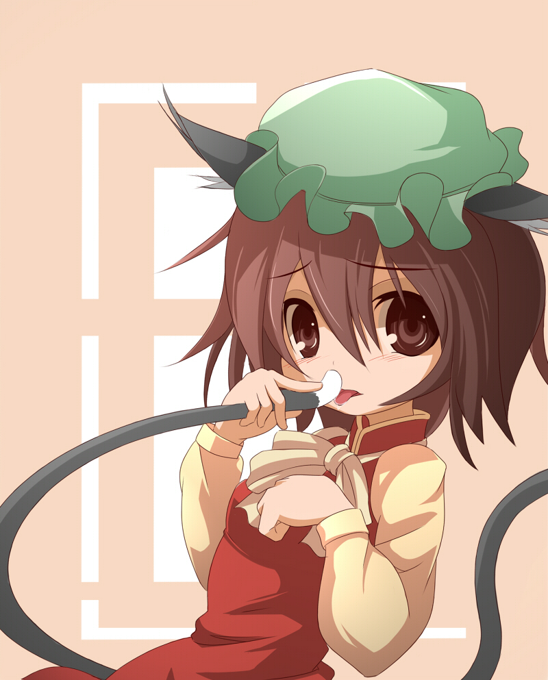 miko machi, chen, touhou, 1girl, animal ears, brown hair, cat ears, cat girl, cat tail, dress, female focus, hat, licking, red eyes, solo, tail, tongue