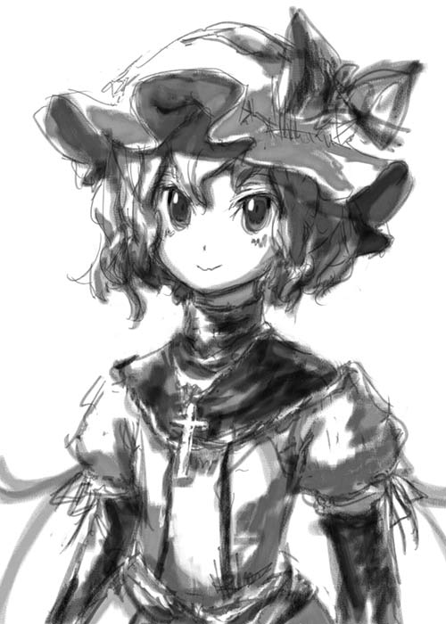 binayu, remilia scarlet, touhou, 1girl, cross, female focus, greyscale, hat, mob cap, monochrome, short hair, sketch, solo, white background