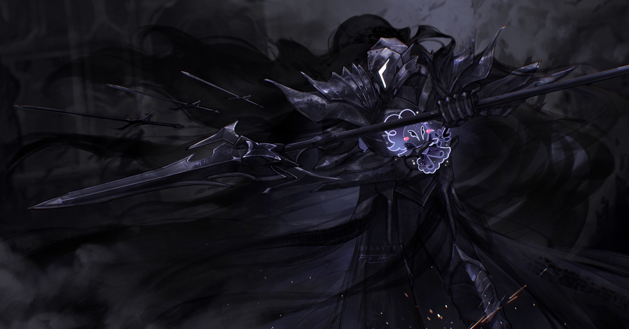 silent salt cookie, cookie run, cookie run: kingdom, highres, 1other, armor, black gloves, black theme, cowboy shot, embers, faceless, flayyr, gloves, holding, holding polearm, holding weapon, knight, lance, light particles, polearm, smoke, solo, weapon