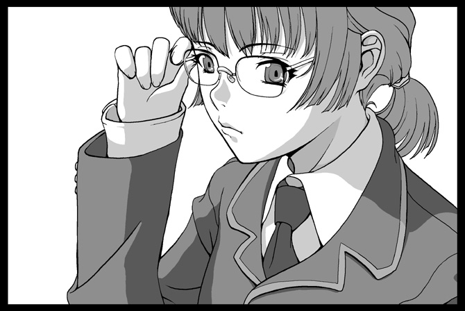 yasohachi ryou, tagme, adjusting eyewear, glasses, greyscale, monochrome, necktie, ponytail, portrait, solo