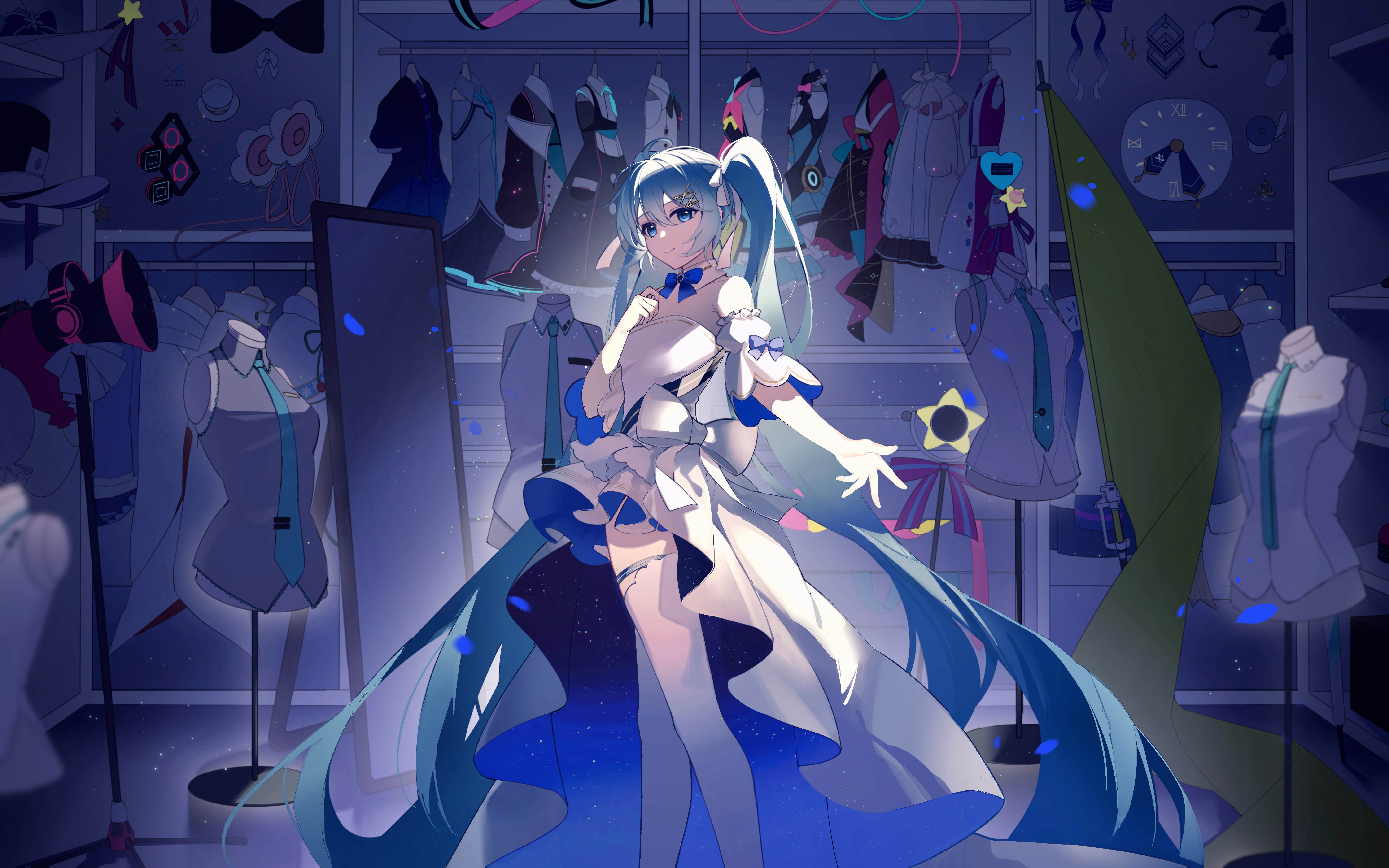 kanvien, hatsune miku, hatsune miku (nt), hatsune miku (vocaloid3), hatsune miku (vocaloid4), magical mirai miku, magical mirai miku (2013), magical mirai miku (2014), magical mirai miku (2015), magical mirai miku (2016), magical mirai miku (2017), magical mirai miku (2018), magical mirai miku (2019), magical mirai miku (2020 summer), magical mirai miku (2020 winter), magical mirai miku (2021), magical mirai miku (2022), racing miku, racing miku (2022), yuki miku, yuki miku (2012), yuki miku (2013), yuki miku (2014), yuki miku (2016), yuki miku (2020), yuki miku (2021), goodsmile company, goodsmile racing, magical mirai (vocaloid), vocaloid, absurdres, commentary, english commentary, highres, 1girl, absurdly long hair, anniversary, aqua hair, aqua necktie, beret, black bow, blue bow, blue bowtie, blue dress, blue eyes, blue hat, blurry, bow, bowtie, closed mouth, closet, clothes hanger, collar, collared dress, collared shirt, depth of field, detached collar, dress, flower, gloves, grey shirt, hair between eyes, hair ornament, hairclip, hat, headset, heart, japanese clothes, kimono, long hair, looking at viewer, megaphone, mini hat, mirror, necktie, pink dress, roman numeral, shirt, smile, solo, star (symbol), star hair ornament, thighhighs, tie clip, top hat, v4x, very long hair, white bow, white collar, white dress, white gloves, white hat, white shirt, white thighhighs, x hair ornament, yuki miku (2015)