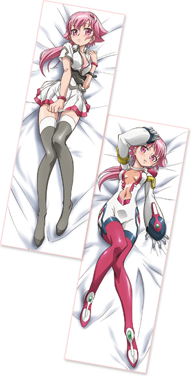shishidou akiha, sora wo kakeru shoujo, 00s, blush, breasts, cleavage, dakimakura (medium), feet, lying, on back, pink eyes, pink hair, ponytail, skirt, thighhighs