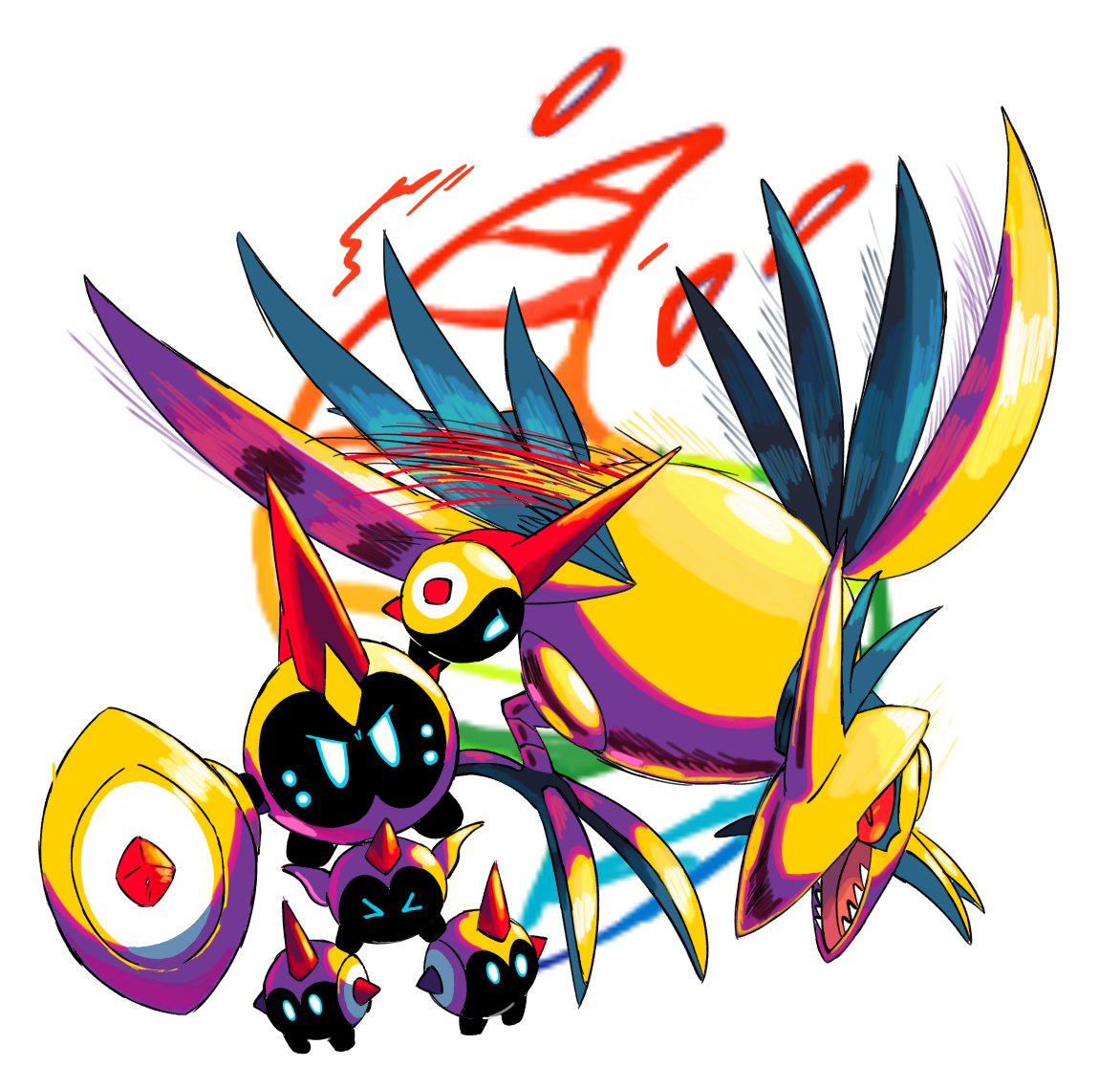 falinks, skarmory, nintendo, pokemon, pokemon legends: z-a, spoilers, > <, bird, colored sclera, fangs, gen 2 pokemon, gen 8 pokemon, gold, goofygoobafish, mega evolution, mega falinks, mega pokemon, mega skarmory, no humans, open mouth, pokemon (creature), pokemon focus, red eyes, red sclera, sharp teeth, talons, teeth, wings