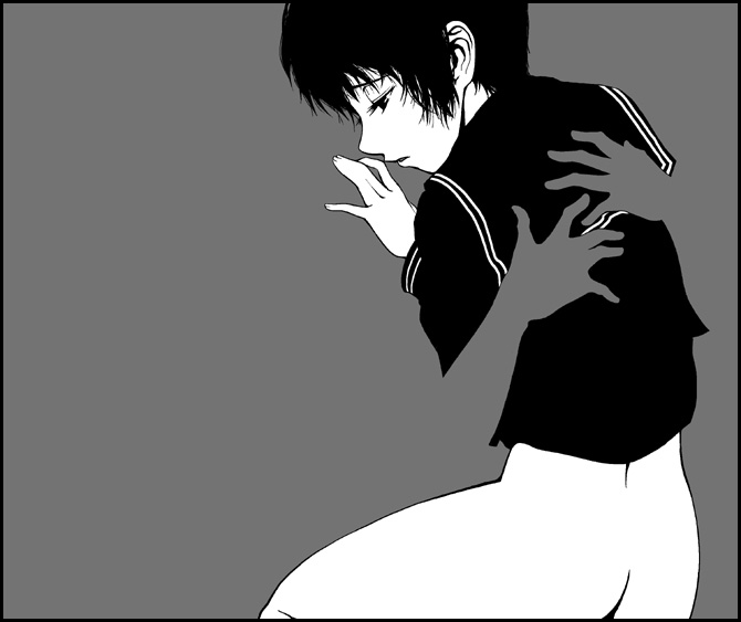 yasohachi ryou, 1girl, bottomless, greyscale, monochrome, school uniform, short hair, solo focus