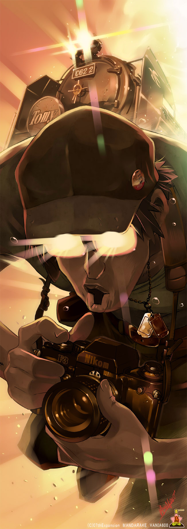 vania600, tomitake jirou, higurashi no naku koro ni, bad id, bad pixiv id, highres, 00s, 1boy, camera, dog tags, epic, glasses, male focus, solo, train