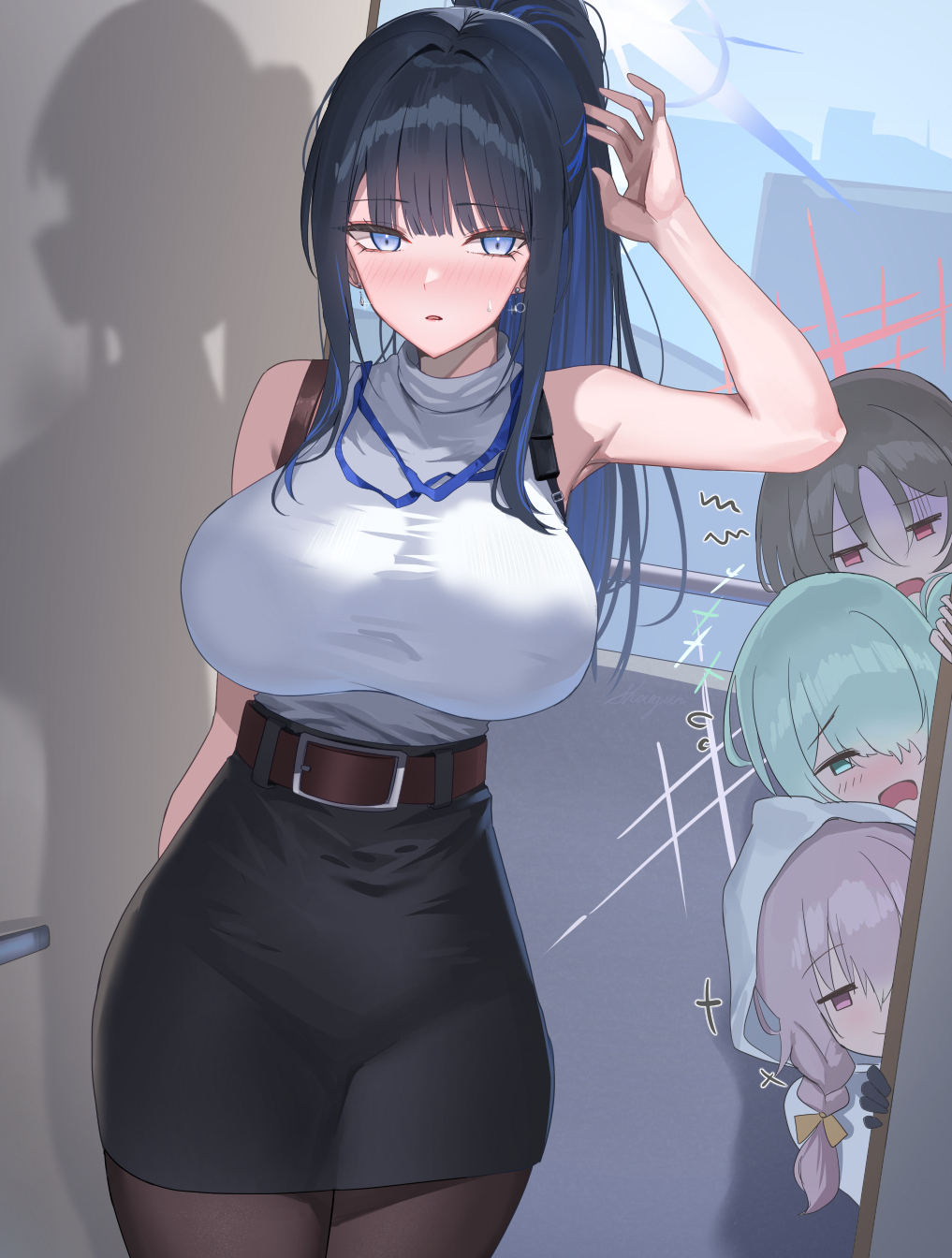 shougun (chuckni1), saori (blue archive), blue archive, character request, check commentary, commentary, commentary request, highres, 4girls, arm up, bare shoulders, black hair, black pantyhose, black skirt, blue eyes, blue hair, blue halo, blush, breasts, closed mouth, colored inner hair, earrings, green eyes, green hair, green halo, halo, jewelry, large breasts, long hair, looking at viewer, miniskirt, multicolored hair, multiple girls, open mouth, pantyhose, parted lips, ponytail, purple eyes, red eyes, red halo, skirt, smile, solo focus, white halo