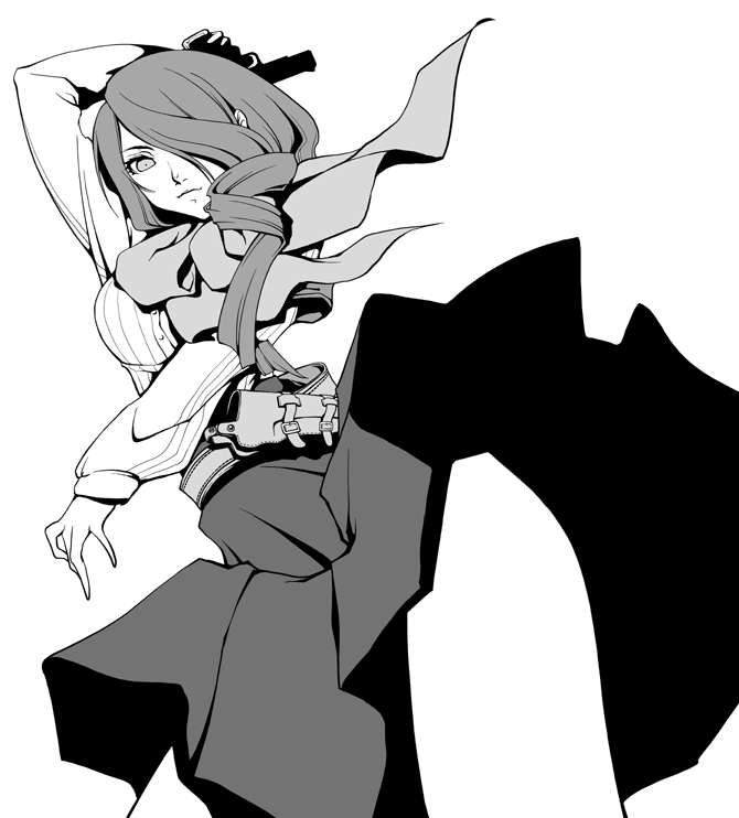 yasohachi ryou, kirijou mitsuru, atlus, persona, persona 3, cowboy shot, greyscale, gun, hair over one eye, holster, long hair, monochrome, skirt, solo, weapon