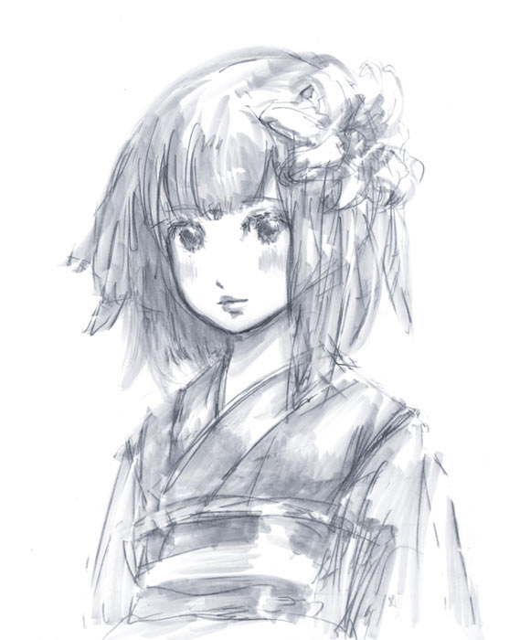 binayu, hieda no akyuu, touhou, 1girl, blue theme, female focus, flower, lips, monochrome, short hair, sketch, solo