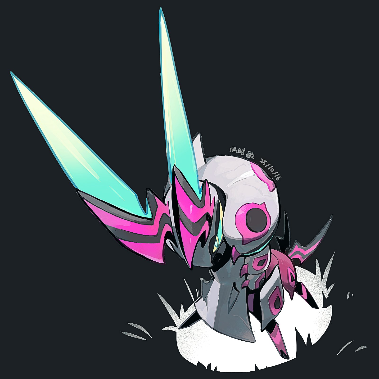 lanjiujiu, mega scolipede, scolipede, nintendo, pokemon, pokemon legends: z-a, highres, spoilers, aqua eyes, armor, blue eyes, bug, colored sclera, colored skin, full body, gen 5 pokemon, horns, mega pokemon, multicolored skin, no humans, pokemon (creature), pokemon focus, solo, tail