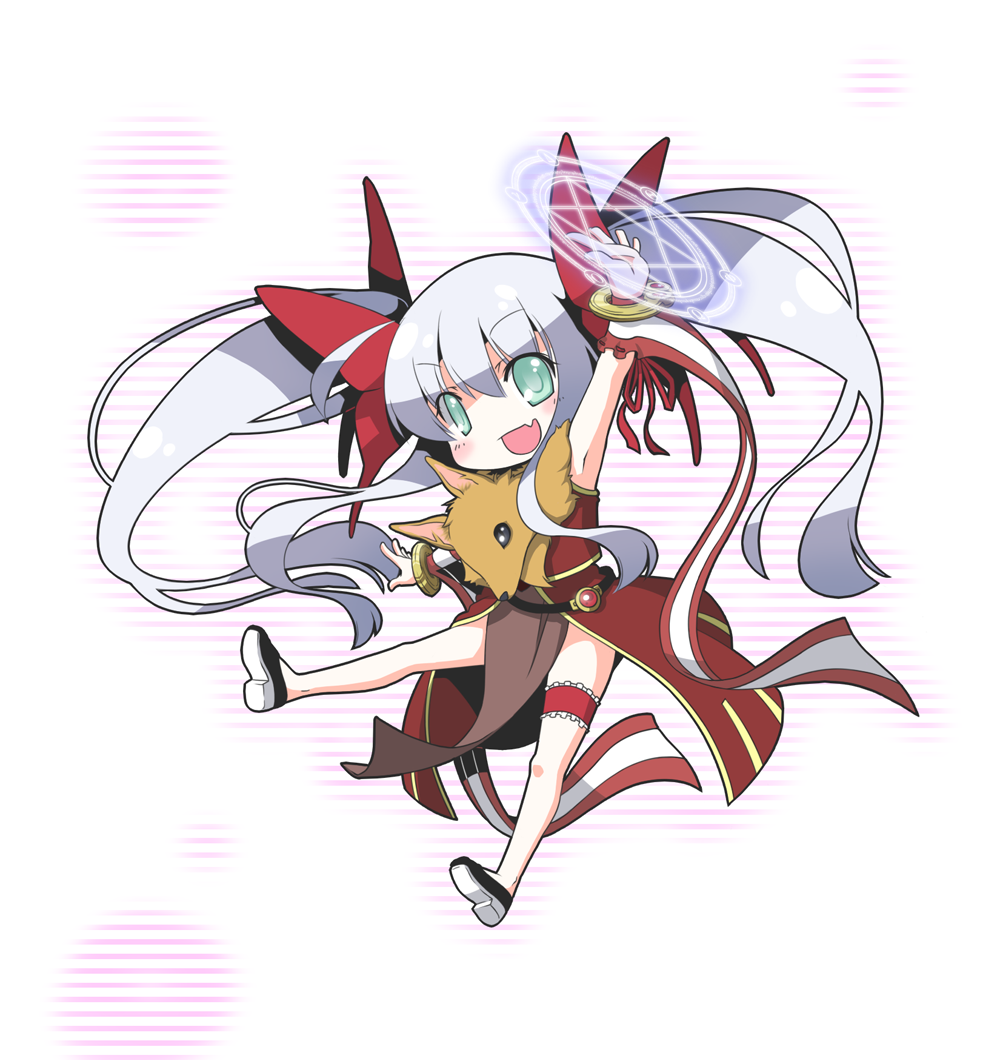 hinosita hikari, professor (ragnarok online), ragnarok online, commentary request, 1girl, :d, animal, animal around neck, arm up, armpits, black shoes, blush, bow, chibi, chibi only, detached sleeves, dress, fang, fox, frilled thigh strap, full body, green eyes, grey hair, hair bow, long hair, looking at viewer, magic circle, open mouth, pelvic curtain, red bow, red dress, red sleeves, shoes, skin fang, sleeveless, sleeveless dress, smile, solo, striped sleeves, thigh strap, twintails, very long hair, white background, white sleeves