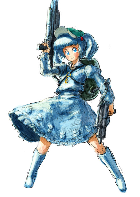 binayu, kawashiro nitori, touhou, 1girl, backpack, bag, blue eyes, blue hair, female focus, gun, hair bobbles, hair ornament, hat, key, matching hair/eyes, randoseru, solo, two side up, weapon