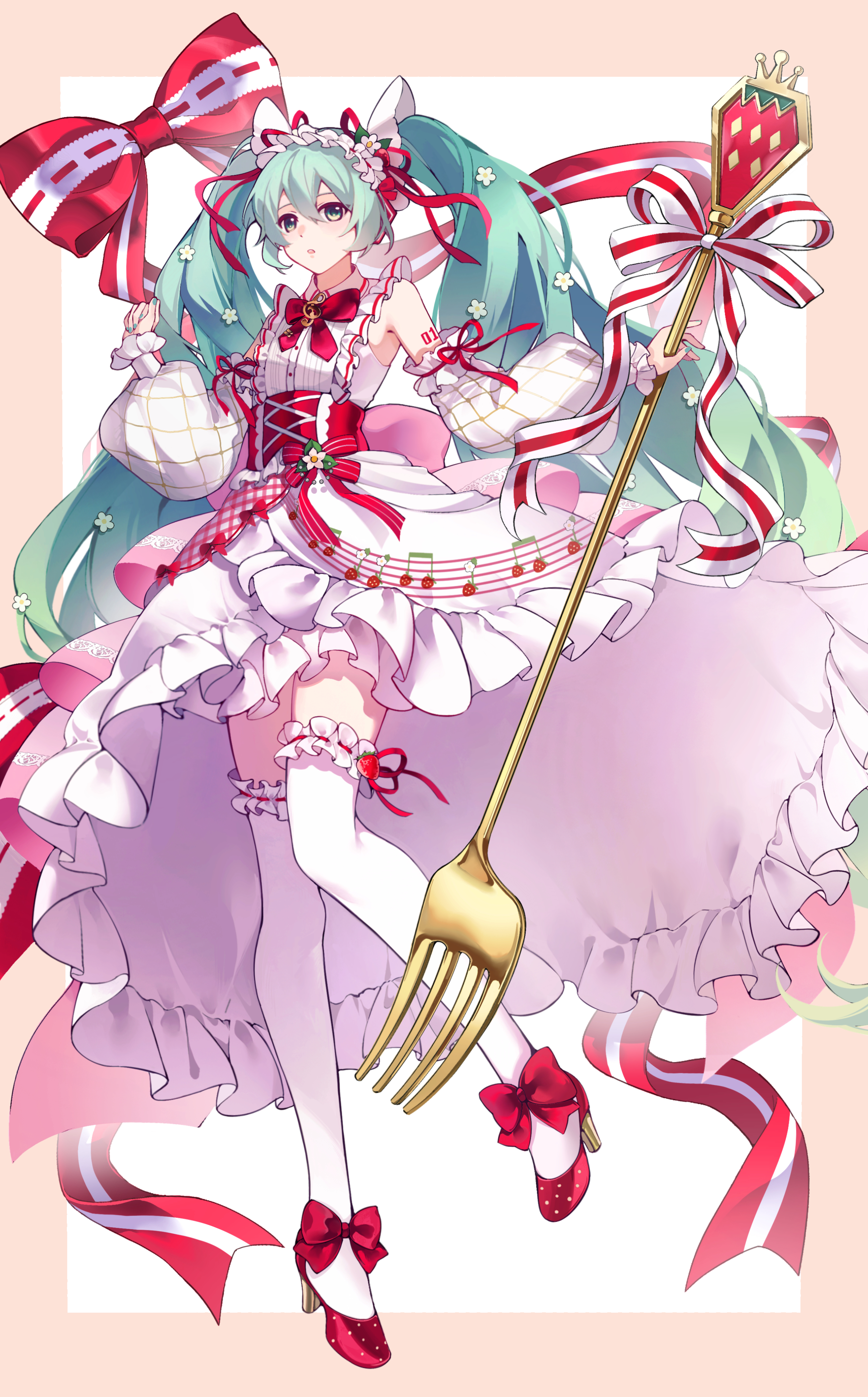 kanvien, hatsune miku, strawberry miku (morikura), vocaloid, absurdres, commentary, english commentary, highres, 1girl, aqua eyes, aqua hair, aqua nails, arm tattoo, back bow, border, bow, corset, detached sleeves, dress, fingernails, flower, food, footwear bow, fork, frilled dress, frilled thighhighs, frills, fruit, full body, gradient hair, hair between eyes, hair flower, hair ornament, hairband, holding, holding fork, lolita hairband, long sleeves, multicolored hair, musical note, nail polish, number tattoo, pink border, pink bow, puffy long sleeves, puffy sleeves, red bow, red corset, red shoes, shoes, sleeveless, sleeveless dress, solo, strawberry, tank top, tattoo, thighhighs, twintails, white background, white dress, white flower, white tank top