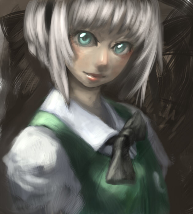 binayu, konpaku youmu, touhou, 1girl, blue eyes, female focus, lips, short hair, solo, white hair