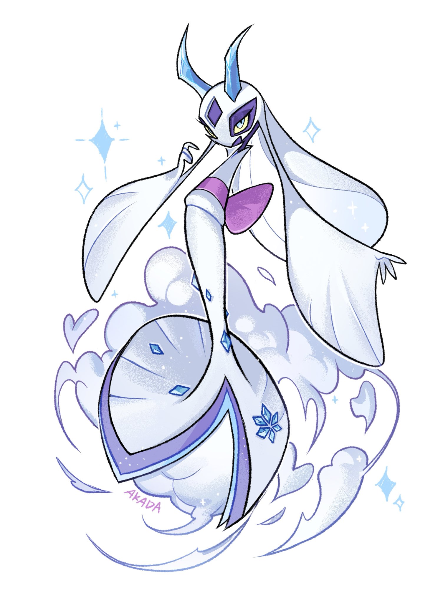 akada, froslass, nintendo, pokemon, pokemon legends: z-a, highres, spoilers, blue eyes, blue sclera, cloud, colored sclera, diamond (shape), full body, gen 4 pokemon, heart, horns, ice, looking at viewer, mega froslass, mega pokemon, no humans, pokemon (creature), pokemon focus, sash, solo, yellow sclera