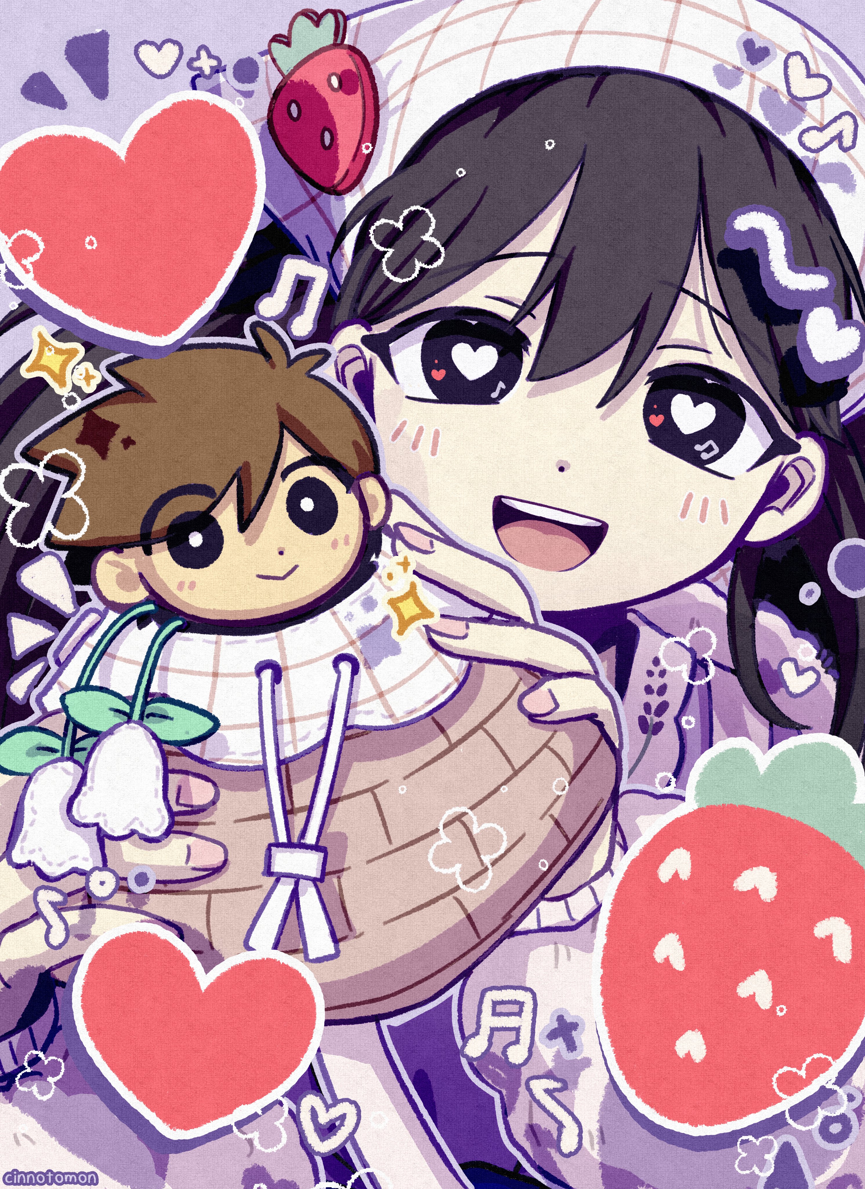 cinnotomon, hero (faraway) (omori), hero (omori), mari (birthday) (omori), mari (faraway) (omori), mari (omori), omori, absurdres, highres, 1girl, bag, black eyes, black hair, blush, bright pupils, double-parted bangs, hair between eyes, handbag, headscarf, heart, heart-shaped pupils, holding, holding bag, jacket, long hair, long sleeves, looking at viewer, musical note, open mouth, smile, solo, symbol-shaped pupils, teeth, upper teeth only, white jacket, white pupils