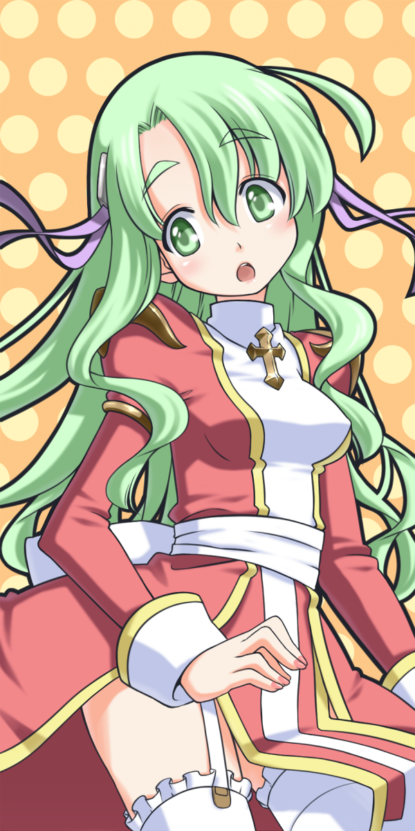 hinosita hikari, high priest (ragnarok online), ragnarok online, commentary request, highres, 1girl, blush, breasts, cowboy shot, cross, cross necklace, dress, frilled thighhighs, frills, garter straps, green eyes, green hair, hair ribbon, jewelry, juliet sleeves, long hair, long sleeves, looking afar, medium breasts, necklace, open mouth, orange background, polka dot, polka dot background, puffy sleeves, purple ribbon, red dress, ribbon, sash, solo, thick eyebrows, thighhighs, two-tone dress, white dress, white sash, white thighhighs