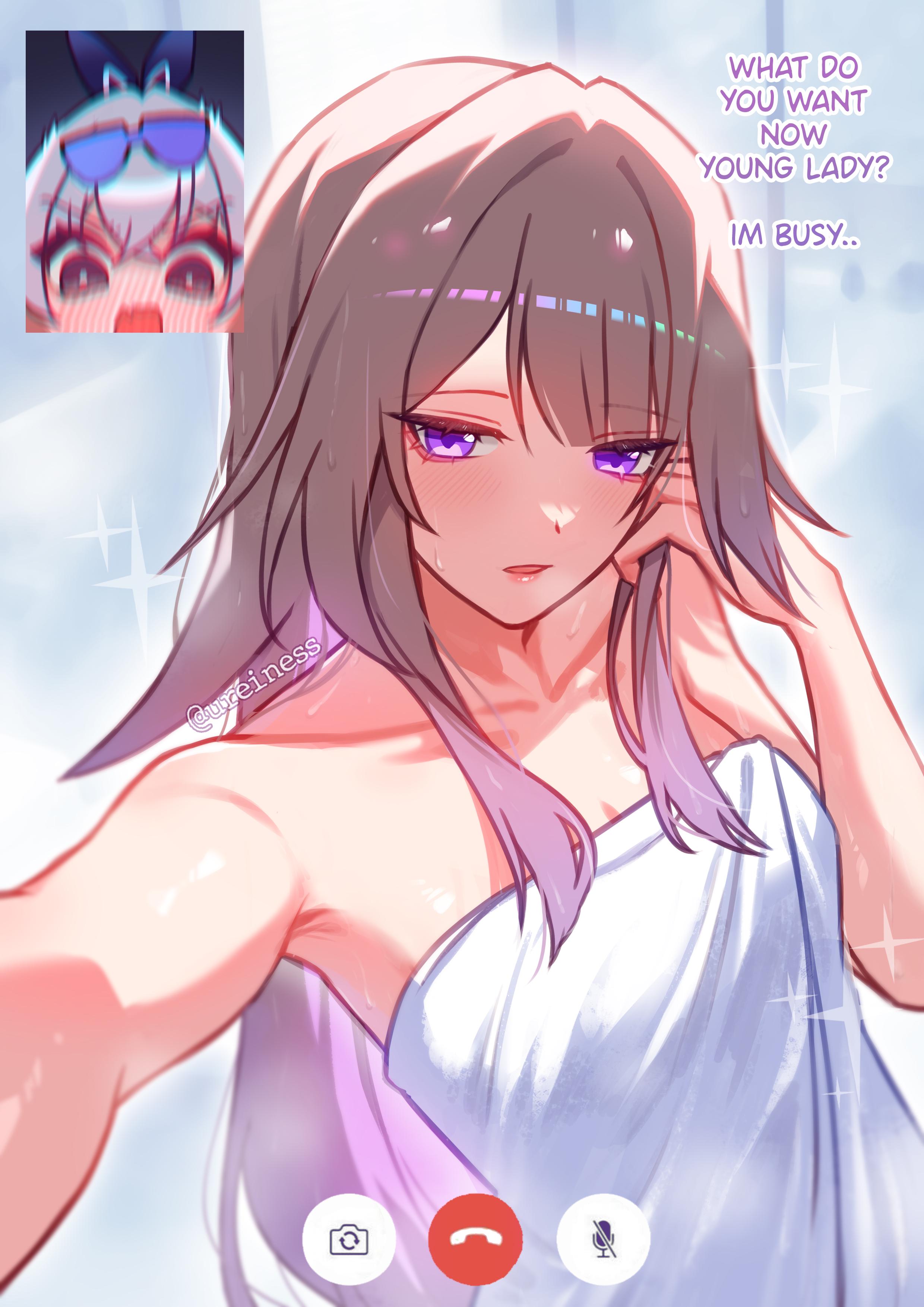 reiness (ureiness), herta (honkai: star rail), silver wolf (honkai: star rail), the herta (honkai: star rail), honkai: star rail, honkai (series), absurdres, commentary, english commentary, highres, 2girls, alternate costume, blush, brown hair, collarbone, english text, eyewear on head, fake phone screenshot, fake screenshot, full-face blush, grey eyes, grey hair, hand in own hair, hand up, long hair, looking at viewer, multiple girls, naked towel, open mouth, purple-tinted eyewear, purple eyes, reaching, reaching towards viewer, solo focus, surprised, tinted eyewear, towel, twitter username
