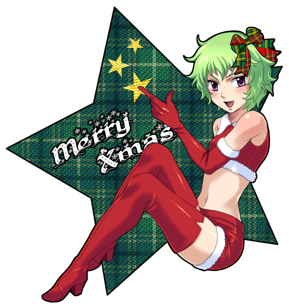 kuro (pizz66), hilling care, gundam, gundam 00, bad id, bad pixiv id, 00s, 1girl, boots, bow, christmas, elbow gloves, female focus, gloves, green hair, innovators (gundam 00), navel, open mouth, purple eyes, red gloves, ribbon, santa costume, short hair, solo, star (symbol), thighhighs