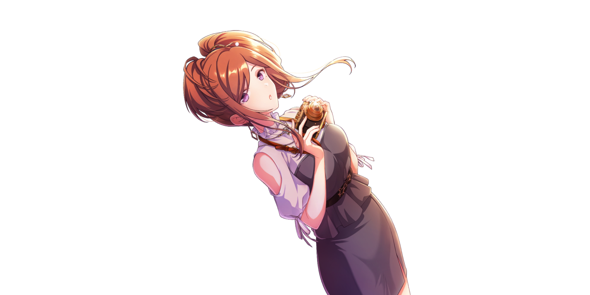 tsubaki (lapis re:lights), lapis re:lights, game cg, highres, official art, third-party source, 1girl, :o, bare shoulders, black dress, breasts, brown hair, camera, clothing cutout, cowboy shot, diamond-shaped earrings, dress, earrings, floating earrings, glint, hands up, holding, holding camera, jewelry, looking at viewer, medium breasts, mole, mole under eye, pencil skirt, purple eyes, short hair with long locks, shoulder cutout, side slit, simple background, skirt, solo, transparent background, two-tone dress, white dress