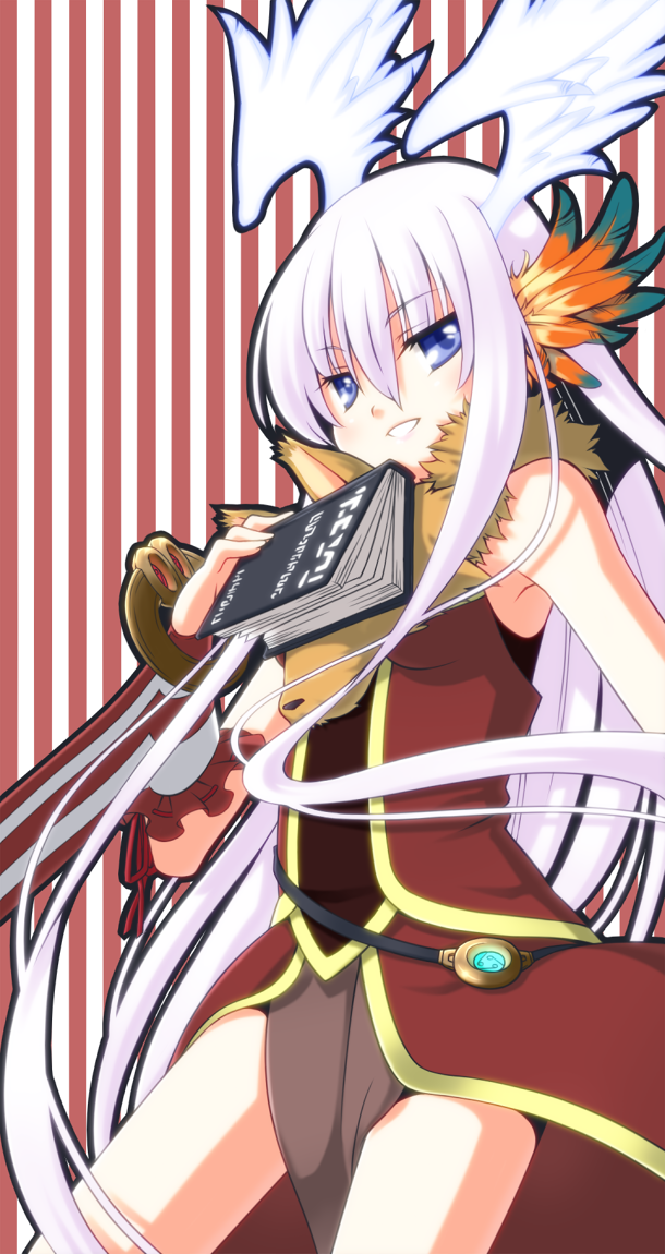 hinosita hikari, professor (ragnarok online), ragnarok online, commentary request, 1girl, animal, animal around neck, belt, black belt, blue eyes, blush, breasts, cowboy shot, detached sleeves, dress, feathered wings, fox, gold trim, grin, hair between eyes, long hair, looking at viewer, medium breasts, orange wings, pelvic curtain, red background, red dress, red sleeves, sleeveless, sleeveless dress, smile, solo, striped background, striped sleeves, very long hair, white hair, white sleeves, white wings, wings