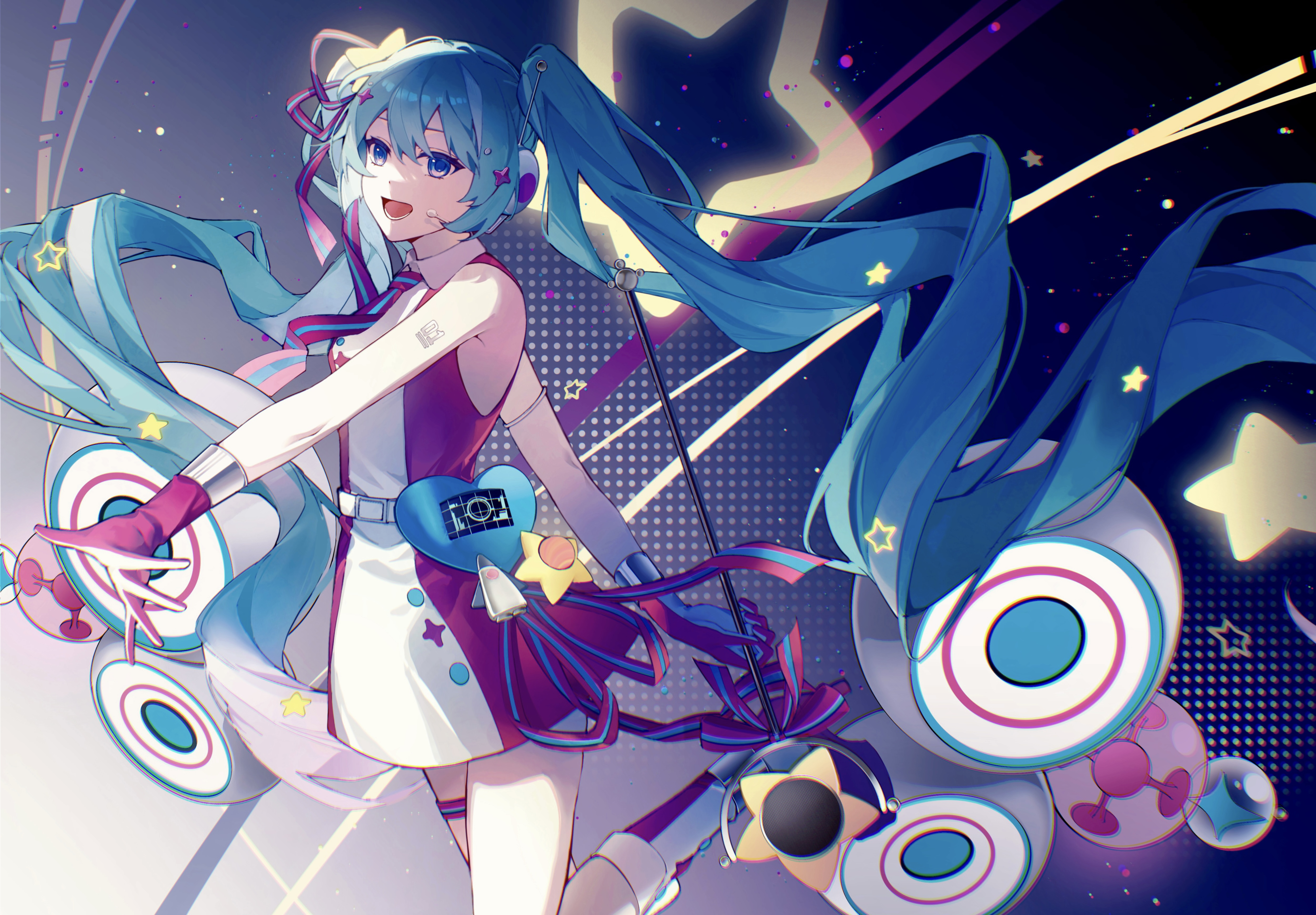 kanvien, hatsune miku, magical mirai miku, magical mirai miku (2022), magical mirai (vocaloid), vocaloid, absurdres, commentary, english commentary, highres, 1girl, :d, aqua hair, arm tattoo, belt, blue eyes, blue gloves, blue necktie, collared dress, dress, gloves, hair ornament, headset, heart, leg up, long hair, lower teeth only, microphone wand, necktie, number tattoo, open mouth, pink dress, pink gloves, pink necktie, pink shoes, rocket, shoes, sleeveless, sleeveless dress, smile, solo, star (symbol), star hair ornament, tattoo, teeth, tongue, twintails, two-tone dress, two-tone necktie, very long hair, white belt, white dress, white shoes