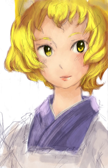 binayu, yakumo ran, touhou, 1girl, blonde hair, female focus, short hair, solo, white background, yellow eyes