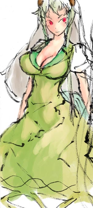 binayu, ex-keine, kamishirasawa keine, touhou, 1girl, breasts, cleavage, dress, female focus, green dress, large breasts, long hair, red eyes, simple background, sketch, solo, white background