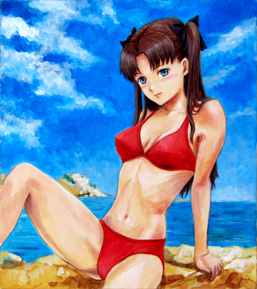 tafuto, tohsaka rin, fate/stay night, fate (series), bad id, bad pixiv id, 00s, 1girl, bikini, blue eyes, bow, breasts, brown hair, cloud, day, female focus, hair bow, long hair, long legs, medium breasts, navel, red bikini, sky, solo, swimsuit, twintails, two side up, water