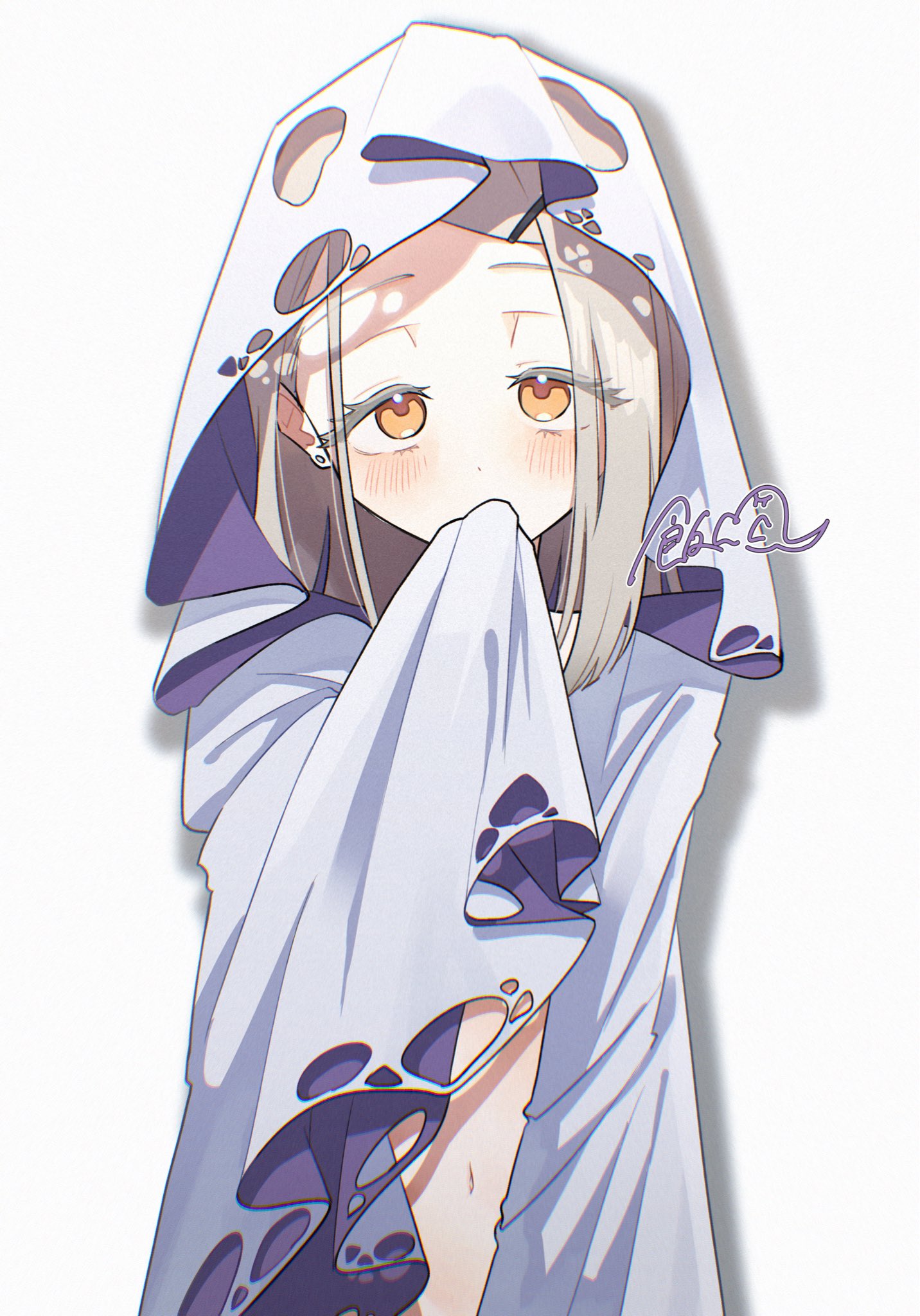 messiah go, shinosawa hiro, gakuen idolmaster, idolmaster, highres, 1girl, blonde hair, blush, earrings, ghost costume, jewelry, long hair, looking at viewer, navel, orange eyes, simple background, solo, stud earrings, white background