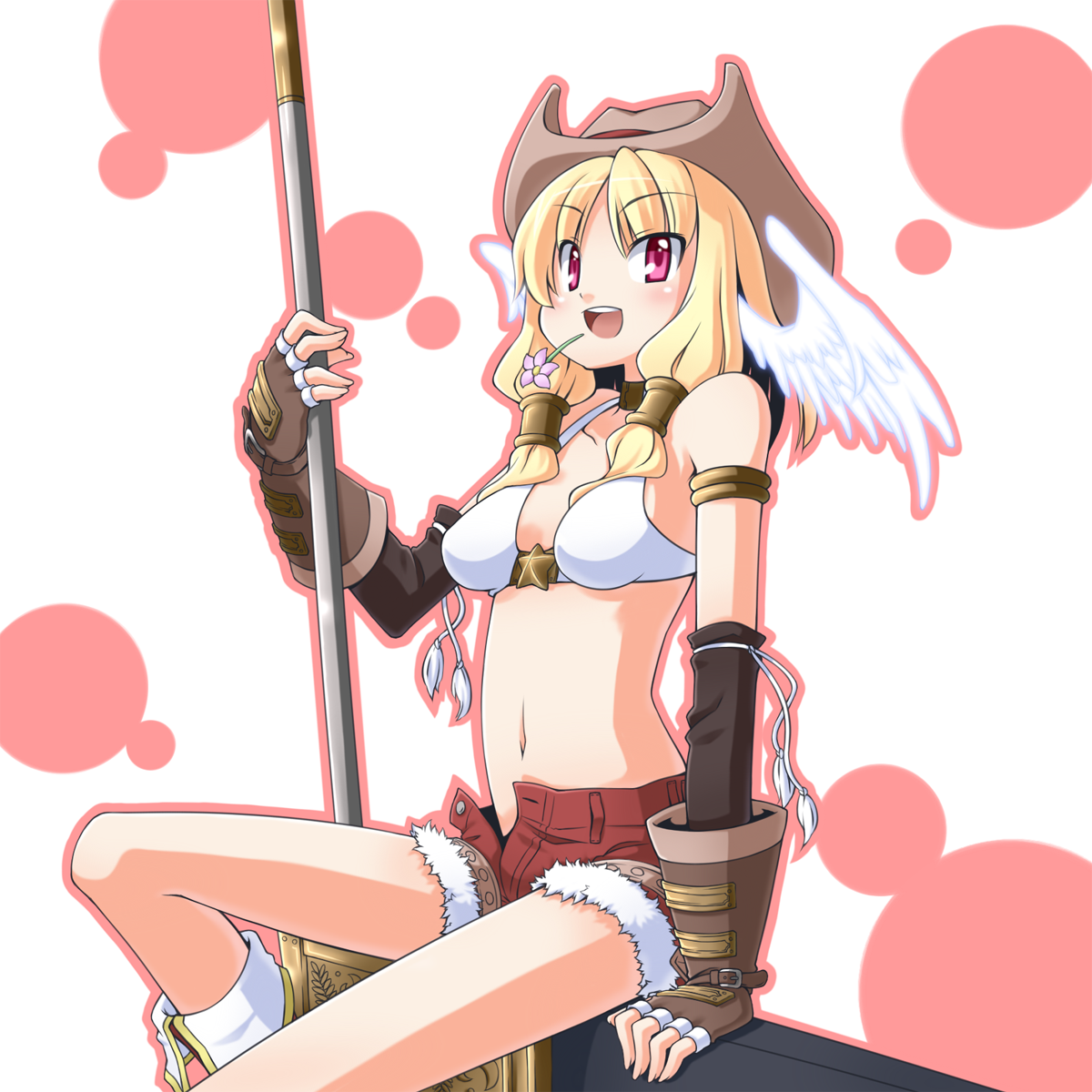 hinosita hikari, whitesmith (ragnarok online), ragnarok online, commentary request, highres, 1girl, axe, bikini, bikini top only, blonde hair, blush, boots, breasts, brown gloves, brown hat, feathered wings, feet out of frame, fingerless gloves, flower, flower in mouth, fur-trimmed shorts, fur trim, gloves, hair tubes, hat, head wings, holding, holding axe, looking at viewer, medium breasts, navel, open fly, open mouth, pink flower, red eyes, red shorts, short shorts, shorts, sitting, smile, solo, star (symbol), swimsuit, white background, white bikini, white boots, white wings, wings