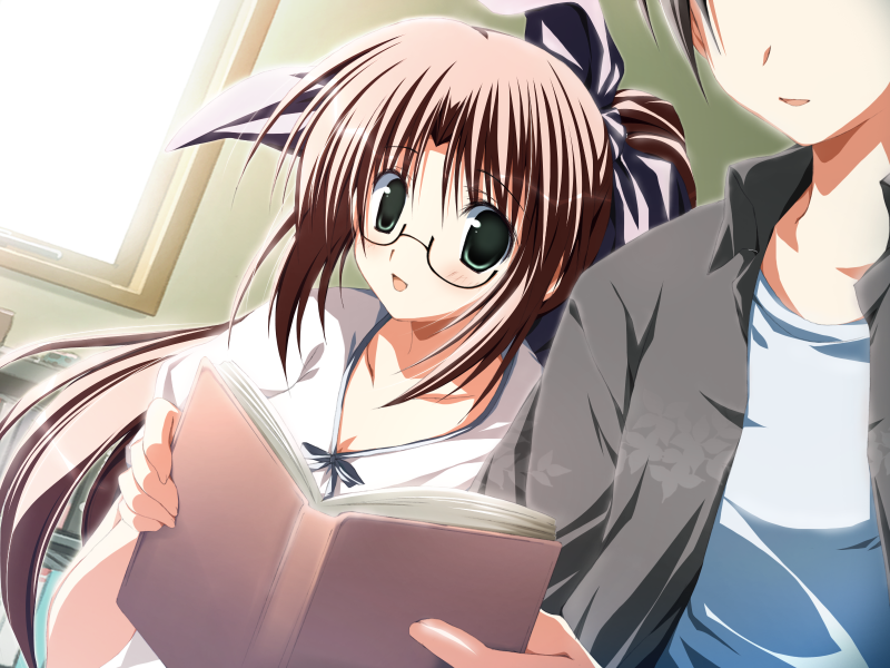 korie riko, wakana mahiro, terebi no kieta hi, game cg, 1girl, book, glasses, hair ribbon, long hair, ponytail, ribbon, smile, solo focus