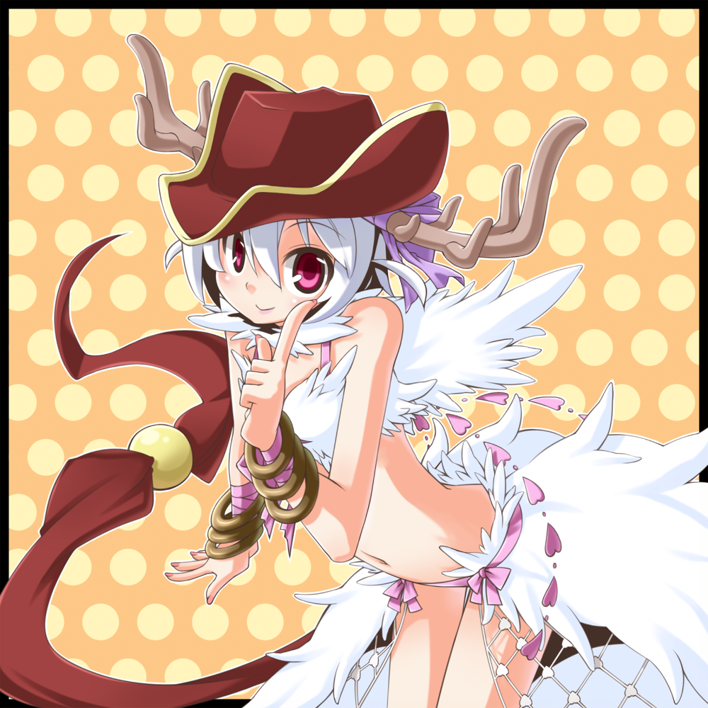 hinosita hikari, wanderer (ragnarok online), ragnarok online, commentary request, 1girl, bangle, bikini, blush, bracelet, bracer, closed mouth, cowboy shot, fake antlers, feather trim, feathered wings, flat chest, hat, index finger raised, jewelry, leaning forward, looking at viewer, navel, orange background, pink bikini, pink eyes, polka dot, polka dot background, red hat, short hair, smile, solo, swimsuit, white wings, wings