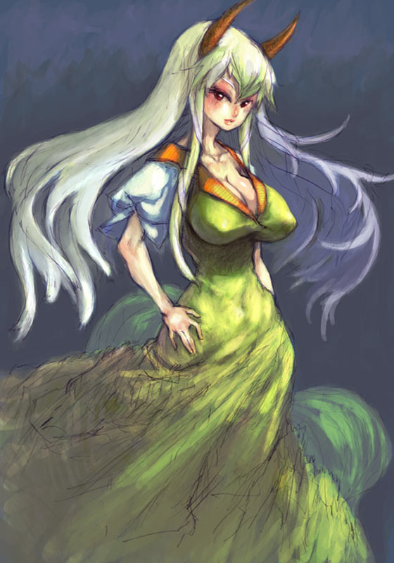 binayu, ex-keine, kamishirasawa keine, touhou, 1girl, breasts, cleavage, dress, female focus, gradient background, horns, large breasts, long hair, red eyes, solo