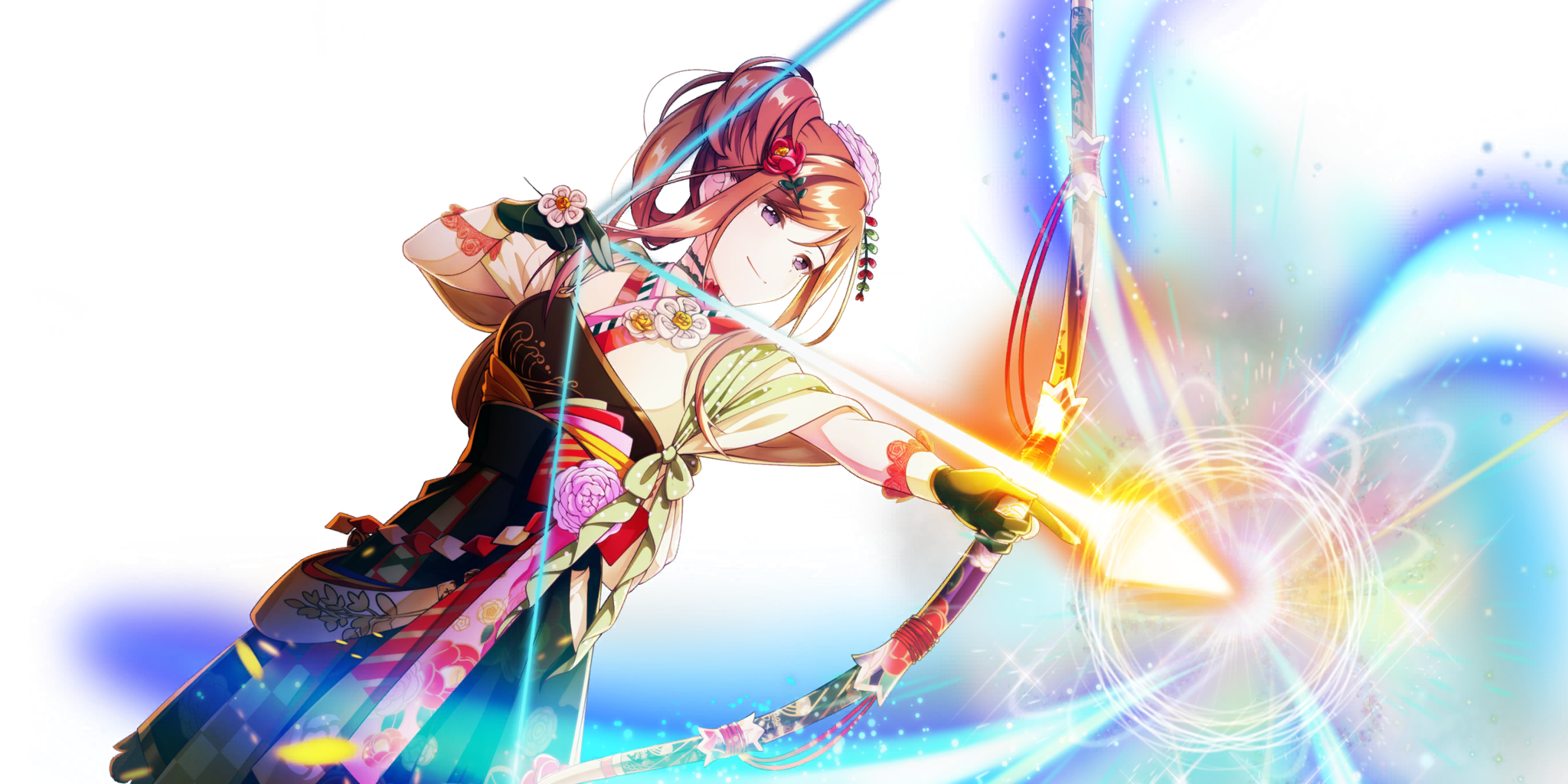 tsubaki (lapis re:lights), lapis re:lights, game cg, highres, official art, third-party source, 1girl, arrow (projectile), black gloves, bow (weapon), brown hair, drawing bow, dutch angle, flower, gloves, glowing arrow, hair flower, hair ornament, hair rings, holding, holding bow (weapon), holding weapon, japanese clothes, kimono, mole, mole under eye, muneate, pink flower, pink rose, purple eyes, red flower, rose, short hair with long locks, simple background, single hair ring, solo, transparent background, weapon, white flower, yellow kimono