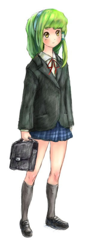 binayu, kochiya sanae, touhou, 1girl, alternate costume, bag, female focus, full body, green hair, school uniform, simple background, skirt, solo, white background, yellow eyes