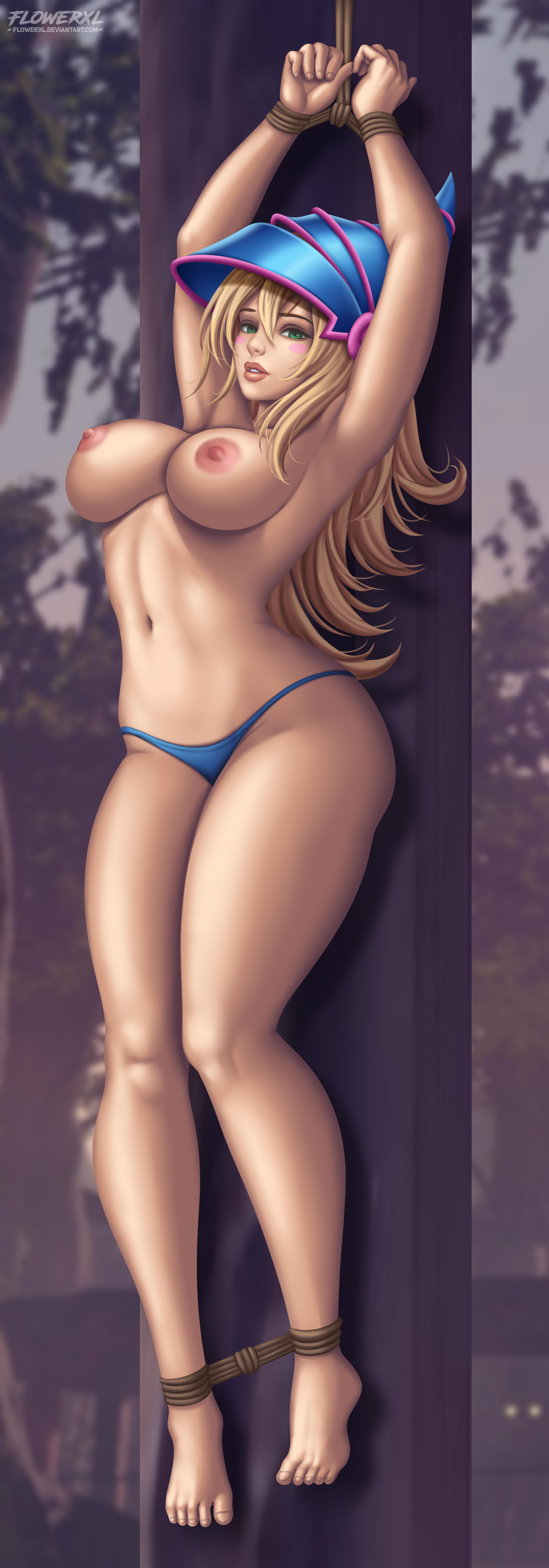 flowerxl, dark magician girl, yu-gi-oh!, absurdres, highres, 1girl, arms behind back, barefoot, bdsm, blonde hair, blue panties, bondage, bound, breasts, female focus, green eyes, hat, higher resolution available, huge breasts, long hair, nipples, panties, suspension, ttopless female, underwear, witch hat