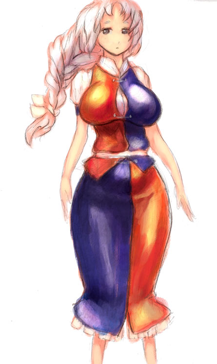 binayu, yagokoro eirin, touhou, silver hair, 1girl, braid, breasts, female focus, hip focus, large breasts, shirt, skirt, solo, taut clothes, taut shirt, wide hips