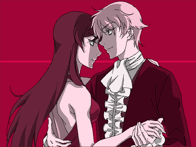 olive (artist), ribbons almark, tieria erde, gundam, gundam 00, 00s, 2boys, androgynous, bare shoulders, crossdressing, crossdressing (mtf), dancing, formal clothes, innovators (gundam 00), long hair, male focus, multiple boys, purple hair, trap