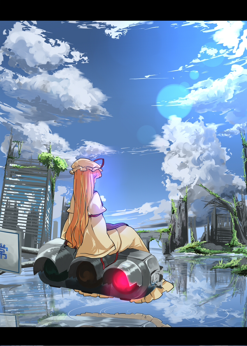 garnet, yakumo yukari, touhou, highres, 1girl, cloud, day, female focus, hat, landscape, letterboxed, reflection, reflective water, ruins, scenery, solo, traffic light, water