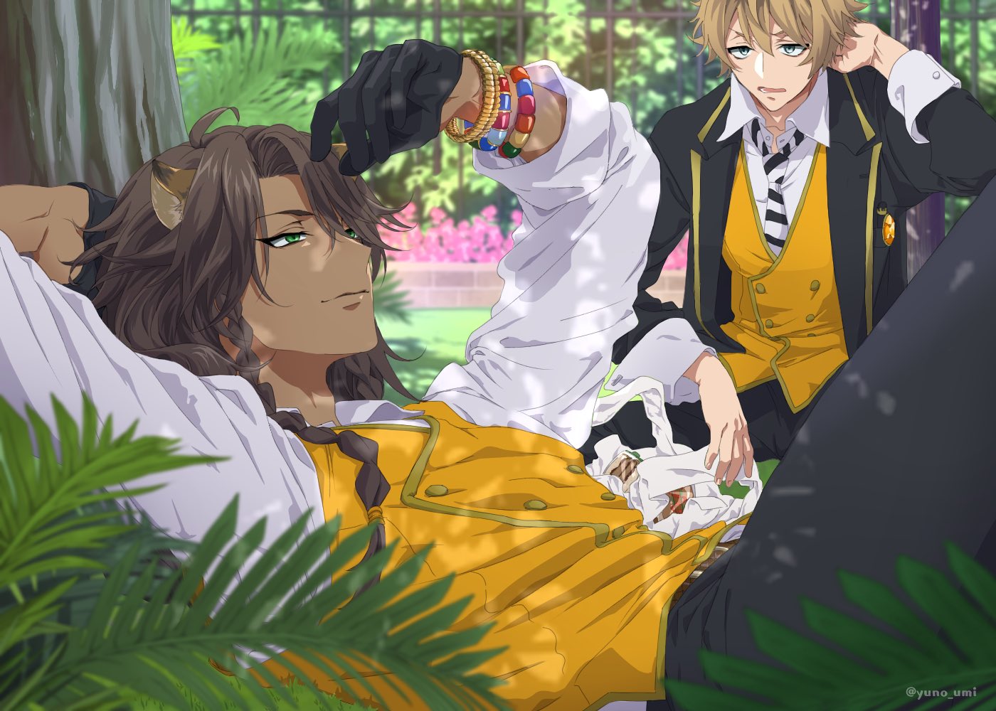 washiko (rasuko), leona kingscholar, ruggie bucchi, twisted wonderland, hashtag-only commentary, 2boys, animal ears, black gloves, black jacket, blonde hair, bracelet, braid, brown hair, gloves, green eyes, jacket, jewelry, lion boy, lion ears, long sleeves, lying, male focus, multiple boys, necktie, on back, open mouth, outdoors, palm leaf, shirt, striped necktie, vest, white shirt, yellow vest