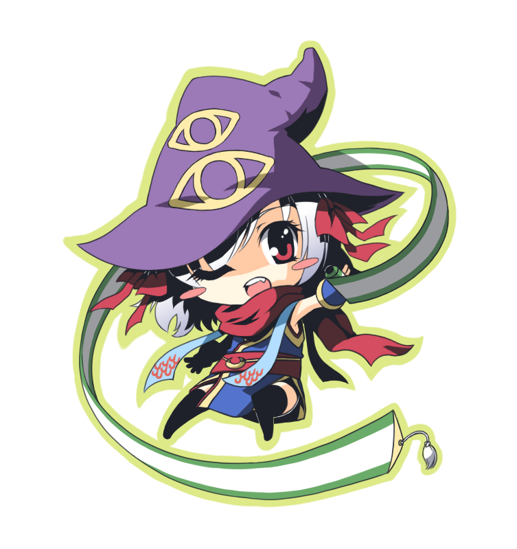 hinosita hikari, ninja (ragnarok online), ragnarok online, commentary request, 1girl, black thighhighs, blue dress, blush stickers, chibi, chibi only, crescent, dress, eye print, full body, hat, holding, holding scroll, looking at viewer, ninja, obi, obijime, one eye closed, open mouth, purple hat, red eyes, red sash, sash, scroll, short hair, simple background, sleeveless, sleeveless dress, solo, thighhighs, white background, witch hat