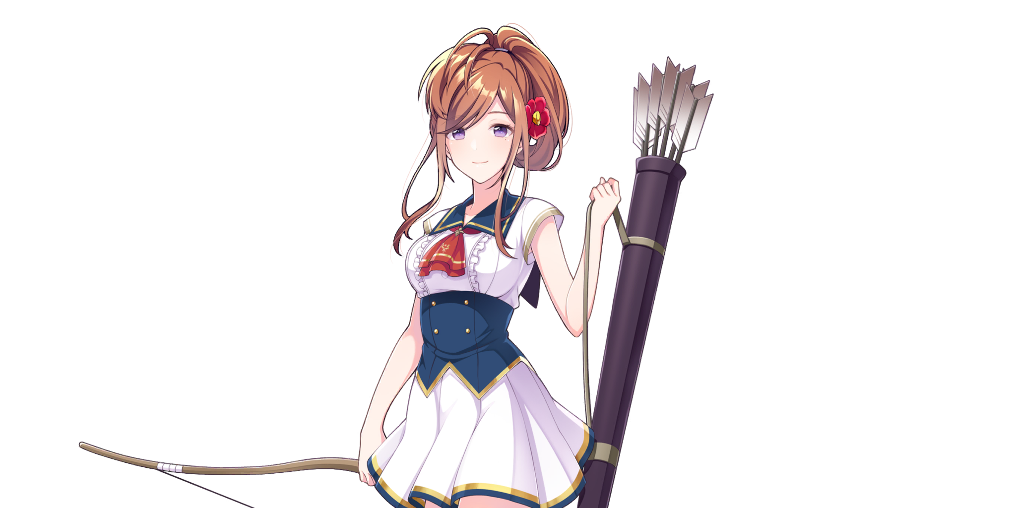 tsubaki (lapis re:lights), lapis re:lights, game cg, highres, official art, third-party source, 1girl, arrow (projectile), blue corset, blue sailor collar, bow (weapon), brown hair, buttons, closed mouth, corset, cowboy shot, double-breasted, dress, flower, hair flower, hair ornament, hair rings, holding, holding bow (weapon), holding weapon, looking at viewer, mole, mole under eye, purple eyes, quiver, red flower, sailor collar, school uniform, short hair with long locks, short sleeves, sidelocks, simple background, single hair ring, skirt, smile, solo, transparent background, weapon, white dress, white skirt