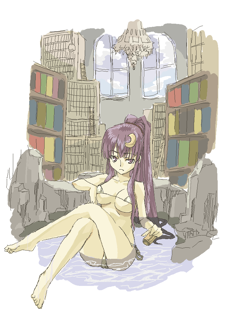 maou, sengoku aky, patchouli knowledge, inaba of the moon and inaba of the earth, touhou, touhou bougetsushou, 1girl, alternate hairstyle, arm support, barefoot, bikini, bookshelf, chandelier, crescent, crescent hair ornament, crossed legs, feet, female focus, hair ornament, high ponytail, ladder, long hair, micro bikini, oekaki, ponytail, side-tie bikini bottom, sitting, solo, submerged, swimsuit, very long hair, water