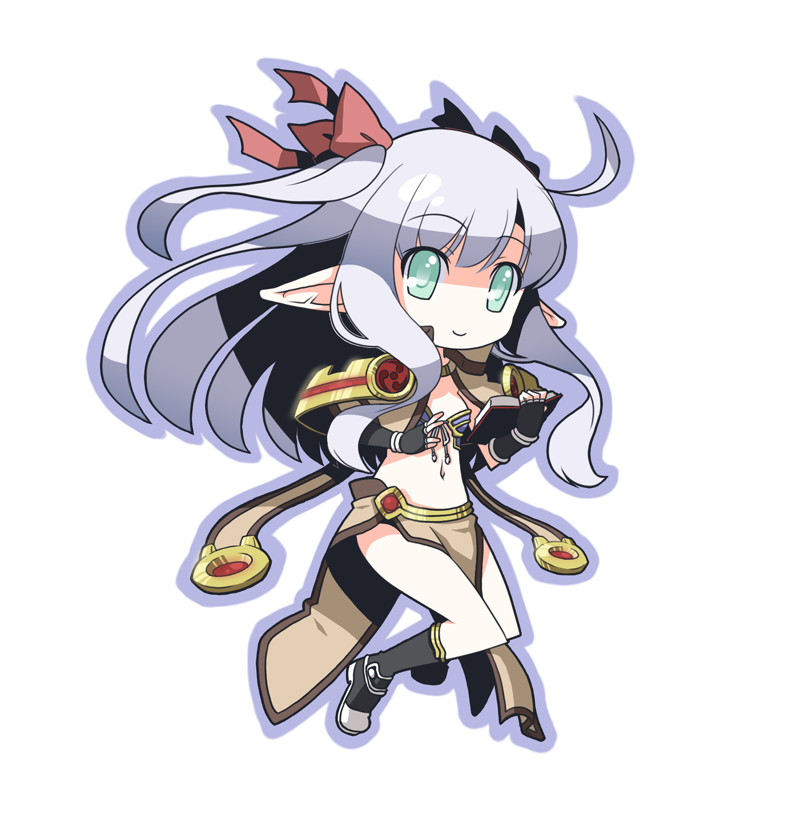 hinosita hikari, sage (ragnarok online), ragnarok online, commentary request, 1girl, ahoge, bikini, bikini top only, black boots, black gloves, blue bikini, book, boots, breasts, brown capelet, brown skirt, capelet, chibi, chibi only, closed mouth, fingerless gloves, full body, gloves, green eyes, grey hair, holding, holding book, long hair, looking at viewer, navel, open book, pelvic curtain, pointy ears, simple background, skirt, small breasts, smile, solo, swimsuit, white background